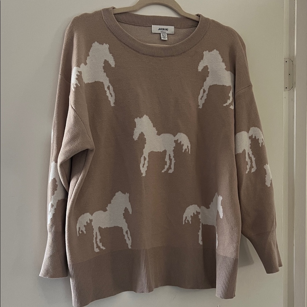 Jason Wu Taupe Crewneck Sweater with White Horse Motif